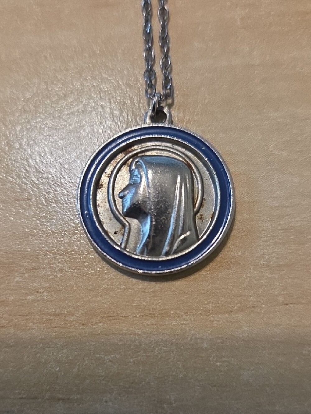 Mother Mary Madonna pendant Silver-Tone Blue Enamel Religious Pendant Necklace - Picture 2 of 9